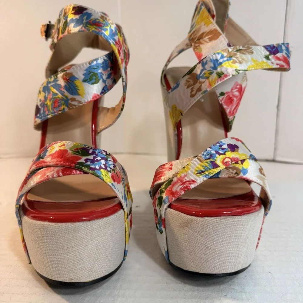 Women's Size 41 Sandals Platform Wedges Floral Print Satin Buckle Straps Ladies